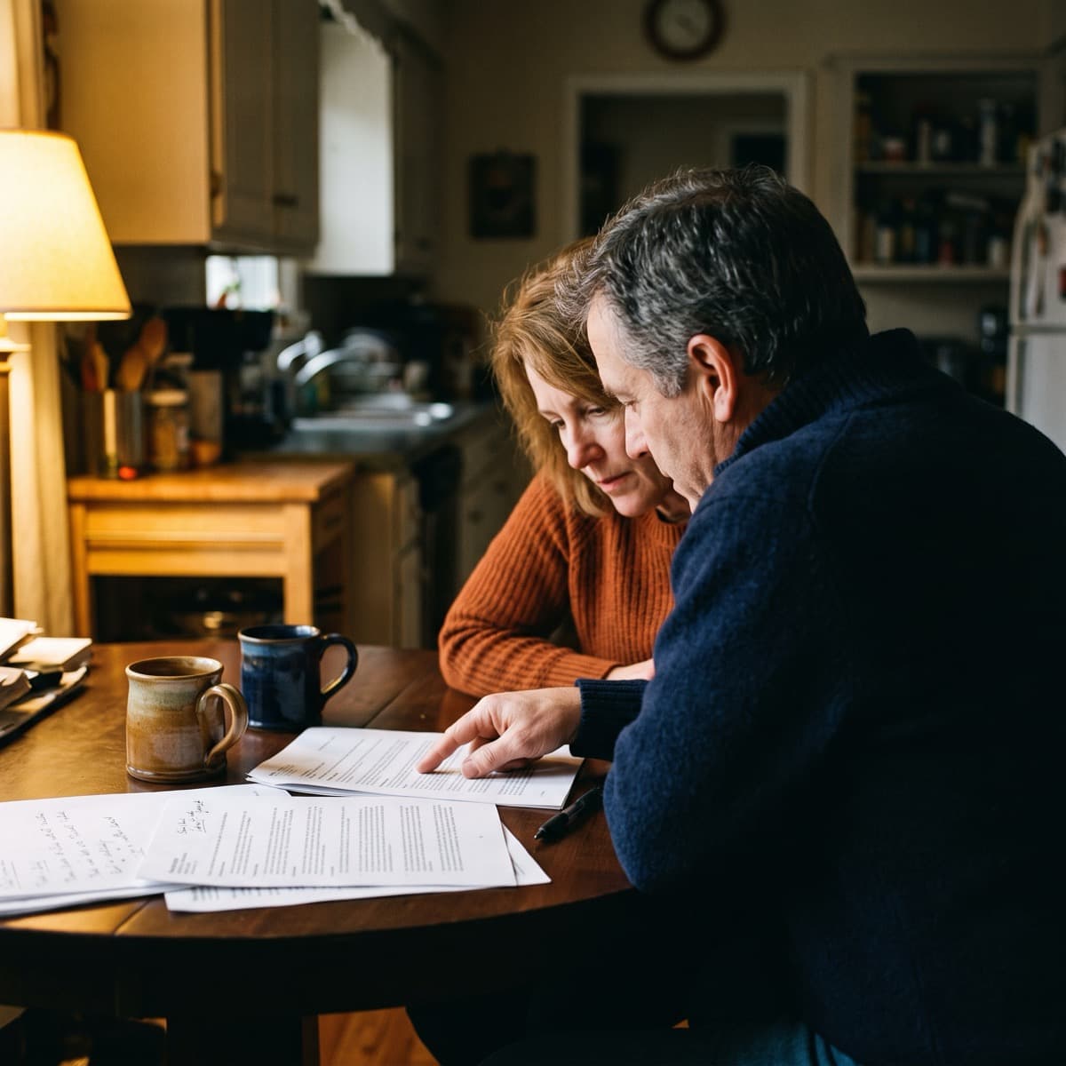 A couple going through policy paperwork together at their kitchen table