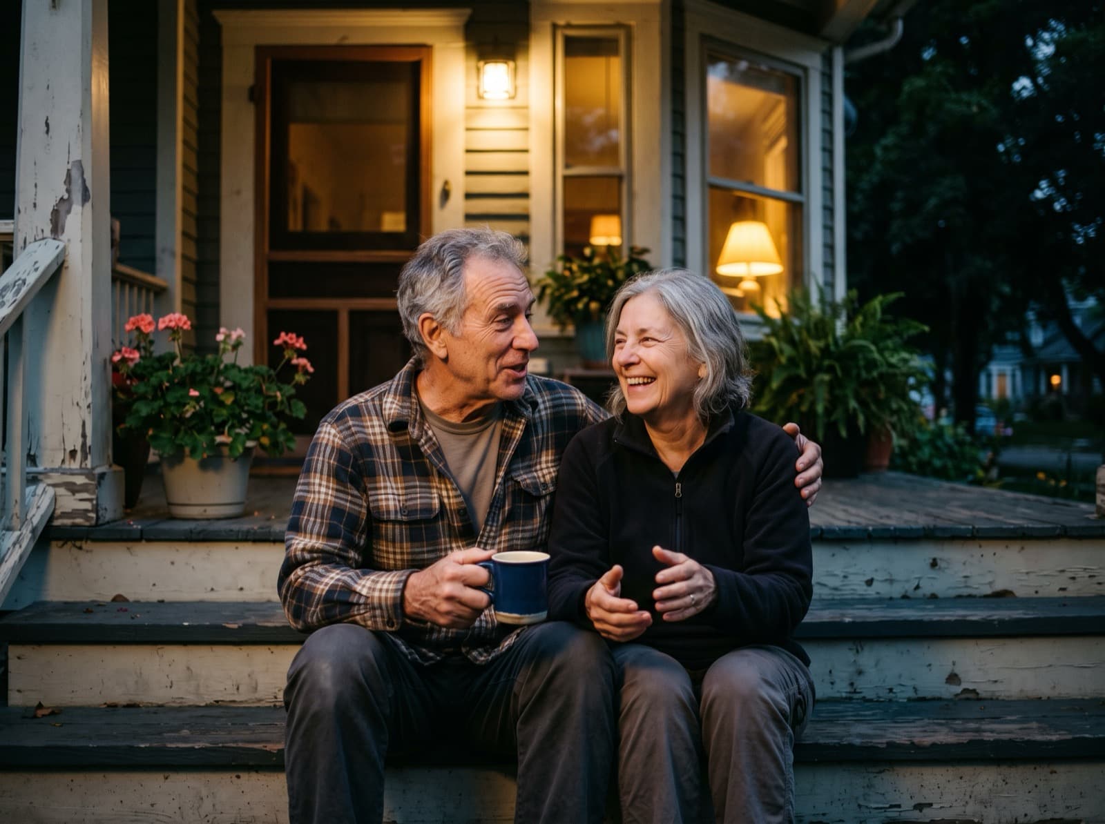 An older couple sitting together on the front steps of their home at dusk